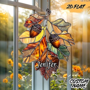 Woodland Acorn & Oak Leaf Acrylic Window Hanging – Rustic Faux Stained Glass Suncatcher, Fall Harvest Farmhouse Decor