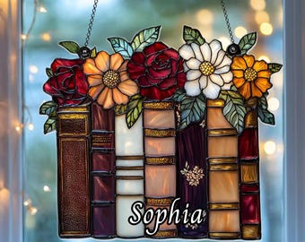 Books & Flowers Acrylic Suncatcher – Faux Stained Glass Floral Bookshelf Hanging, Gift for Readers, Book Club Window Decor