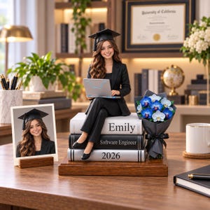 Può includere: Una statuetta di un laureato in completo e tocco neri seduto su tre libri con le scritte Emily, Software Engineer e 2026. Il laureato tiene in mano un portatile argentato. Accanto ai libri c'è un bouquet di orchidee blu e bianche in carta nera.