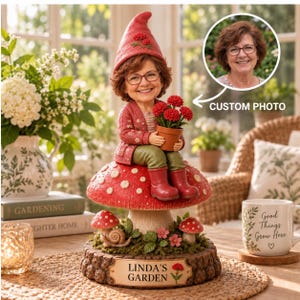 Personlig påsklilja-tomtefigur: Anpassad foto-bobblehead, trädgårdsdekoration i trä