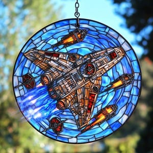 Millennium Falcon Acrylic Suncatcher - Faux Stained Glass Star Spaceship Window Hanging, Sci-Fi Decor Gift for Jedi & Space Fans