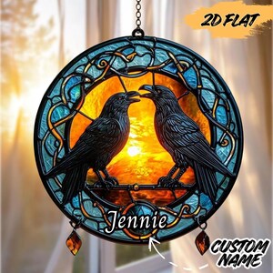 Norse Raven Duo Acrylic Suncatcher, Celtic Knot Faux Stained Glass Window Hanging Ornament: Viking Gothic Gift Idea