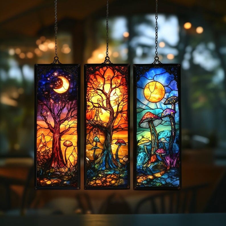 May include: Three stained glass panels showing fantastical landscapes. Each panel depicts a different scene: a night sky with a crescent moon, a sunset with a tree, and a daytime scene with mushrooms. The panels are framed in black and suspended by chains.
