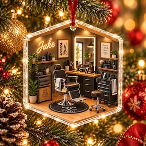 Personlig julgransprydnad för barberare, anpassad julgransprydnad för barberarsalong, barberpresent till honom, julminnessak för hårklippningsstudio