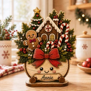 Könnte beinhalten: Ein dekoratives Tischornament aus Holz mit einem Lebkuchenmann, einem Lebkuchenhaus, Zuckerstangen und grünem Blattwerk. Eine große rote Schleife befindet sich in der Mitte und ein Namensschild an der Basis zeigt den Namen Annie.