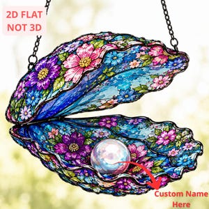 Atrapasueños de conchas marinas con perlas 2D, colgante de ventana floral de concha con efecto vitral, decoración costera playera, regalo para amantes del océano, arte de sirena