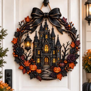 May include: A circular Halloween wreath featuring a dark gothic castle with glowing yellow windows, a hanging lantern, orange pumpkins, black roses, and autumn leaves. The wreath is topped with a large black bow and hangs on a white door.