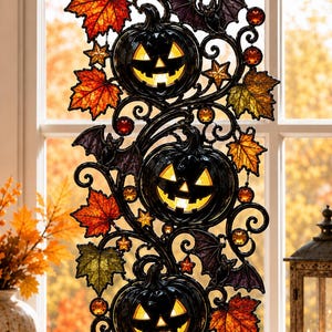 Triple Pumpkin Faux Stained Glass Suncatcher, Halloween Window Hanging, Jack O Lantern Decor, Fall Harvest Halloween Gift