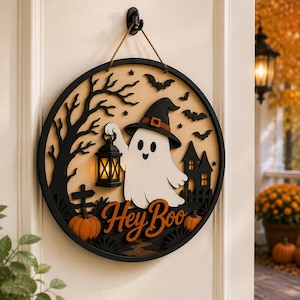 Halloween Ghost Door Hanger, Pumpkin Ghost Wooden Door Sign, Cute Fall Porch Decor, Witchy Front Door Decoration, Halloween Home Decor