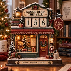 Puede incluir: Una decoración navideña de mesa que representa una tienda en miniatura llamada Olivia's Toy Shop. La estructura incluye un mostrador con el texto BOOKS READ THIS YEAR y el número 158, un oso de peluche, un cascanueces y adornos festivos.