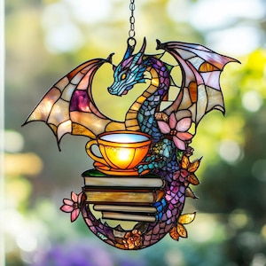 Dragon Tea Cup Acrylic Suncatcher – Fantasy Faux Stained Glass Window Hanging – Book Lover Gift for Readers & Nerdy Decor