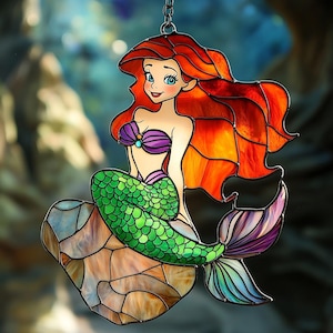Ariel Mermaid Acrylic Suncatcher Mermaid Faux Stained Glass Window Hanging – Princess Decor for Girls Birthday Gift for Kids