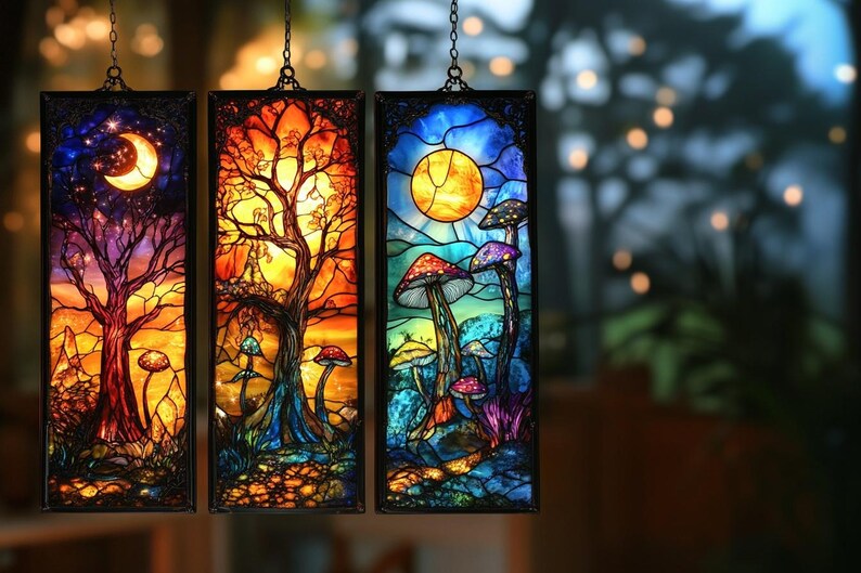 May include: Three stained glass panels with fantastical scenes. One shows a crescent moon over a tree, another a tree with a setting sun, and the third features mushrooms under a full moon. Each panel has a black frame and is suspended by a chain.