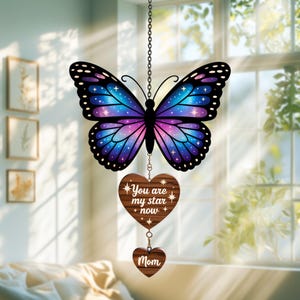 Galaxy Butterfly Memorial Suncatcher Faux Stained Glass with Wooden Charms, Personalized Window Gift for Loss of Mom, Grandma, Loved Ones