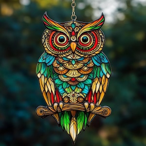 Colorful Tribal Owl Acrylic Suncatcher, Faux Stained Glass Window Hanging, Whimsical Bird Gift For Her