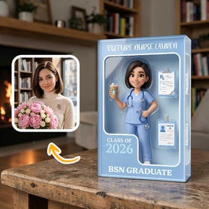 May include: A custom action figure in a light blue box labelled Future Nurse Lauren and BSN Graduate Class of 2026. The figure wears blue scrubs, holds a coffee cup, and has a stethoscope. Accessories include a prescription pad and medical ID card.