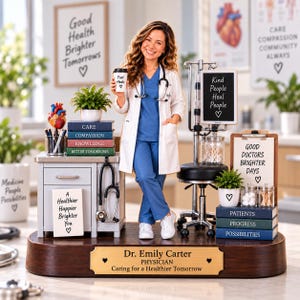 May include: A figurine of a physician in blue scrubs and a white coat, holding a cup labeled Fuel Heals. The display includes a desk with books, a stethoscope, a medical chart, a stool, and a plaque reading Dr. Emily Carter, Physician.