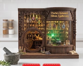 Bloque de acrílico/madera personalizado de boticario de alquimista, decoración para estantería de biblioteca de mago