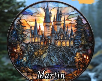Wizard School Castle Acrylic Faux Stained Glass Suncatcher – Magical Castle Window Hanging for Fantasy Witchy & Movie Lovers