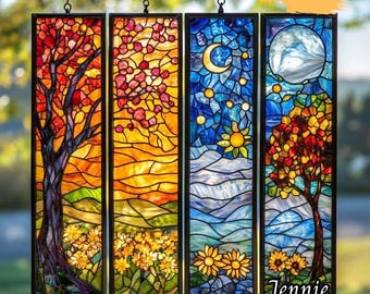 55% OFF Set 4 Floral Landscape Four Season Inspired ACRYLIC Suncatcher Panel Set, Stained Glass Window Hanging, Home Decor Gift for Mom