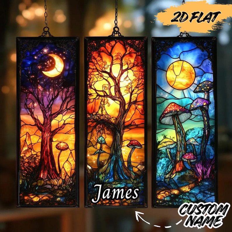 55% OFF Enchanted Forest ACRYLIC Suncatcher Panel – Faux Stained Glass Window Hanging with Mushrooms, Celestial Sun & Moon Art, Gift For Her image 1
