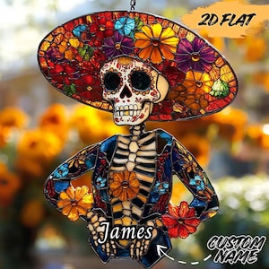 Day of the Dead Skeleton ACRYLIC /RESIN Faux Stained Glass Suncatcher, Colorful Calavera Window Decor, Floral Halloween Accent, Gift for Her