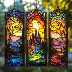 55% OFF SET 3 Fantasy Castle ACRYLIC Faux Stained Glass  Window Panel Set, Magical Sunset Forest Hanging, Fairytale Decor Gift for Her