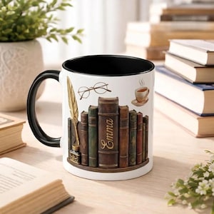 Personalized Book Lover Mug Custom Name Library Coffee Cup Reader Gift Vintage Books Literary Mug
