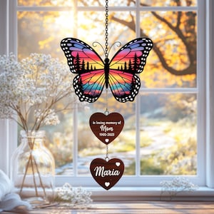 Personalized Memorial Butterfly Suncatcher Faux Stained Glass, Sunset Forest Design with Custom Heart Charms, In Memory of Mom or Dad