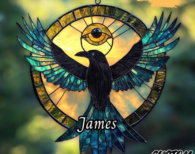 Raven Eye ACRYLIC Faux Stained Glass Suncatcher, Norse Myth Window Hanging, Viking Decor Gift for Men, Odin’s Raven Huginn Muninn Symbol