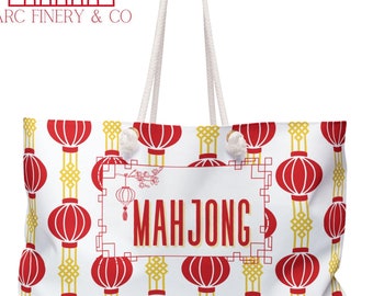 Red Yellow Mahjong Tote Bag | Mahjong Lover | Mahj Gift | Cotton Tote Bag | Mahjong Gift | Embroider Mahjong | Mah Jongg Tote Bag | Party