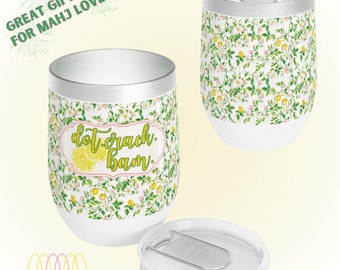 Mahjong-themed wine tumbler with pink floral design | Mahjong Wine Tumbler with Lid | Mahj Gift | Mahjong Enthusiasts | Mahjong Party Cup