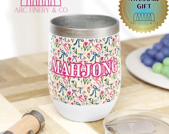 Mahjong Wine Tumbler Floral Design Insulated | Mahjong Wine Tumbler with Lid | Mahj Gift | Mahjong Players and Enthusiasts | Mahjong Cup