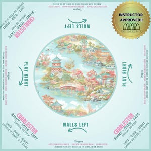 May include: A colorful game board with a circular image of a Japanese garden scene. The board has instructions for playing a game called "Charleston" with options for "Right Over - Left" and "Left Over - Right". The board also has instructions for playing a game called "Dragons" with options for "Play Right" and "Walls Left". The board is labeled "Instructor Approved!" with a gold seal.