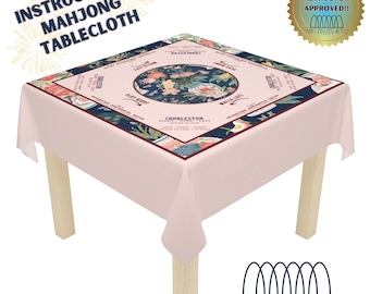 Obrus do gry w mahjonga w kwiaty w kolorze granatowym dla początkujących z instrukcją | Idealny do gry w mahjonga | Mata do gry w mahjonga | Nadruk w mahjonga w stylu Chinoseries | Impreza Mahj