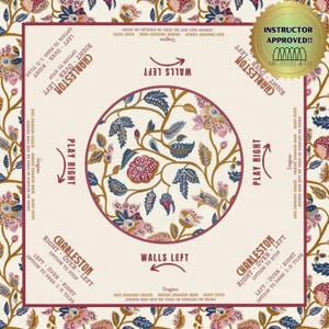 May include: A vintage-style game board with a floral design. The board is divided into four sections, each with a different name: Charleston, Walls Left, Play Right, and Walls Left. The board is surrounded by a red border and has a gold seal that says "Instructor Approved!" with the text "ARC FINERY & CO".
