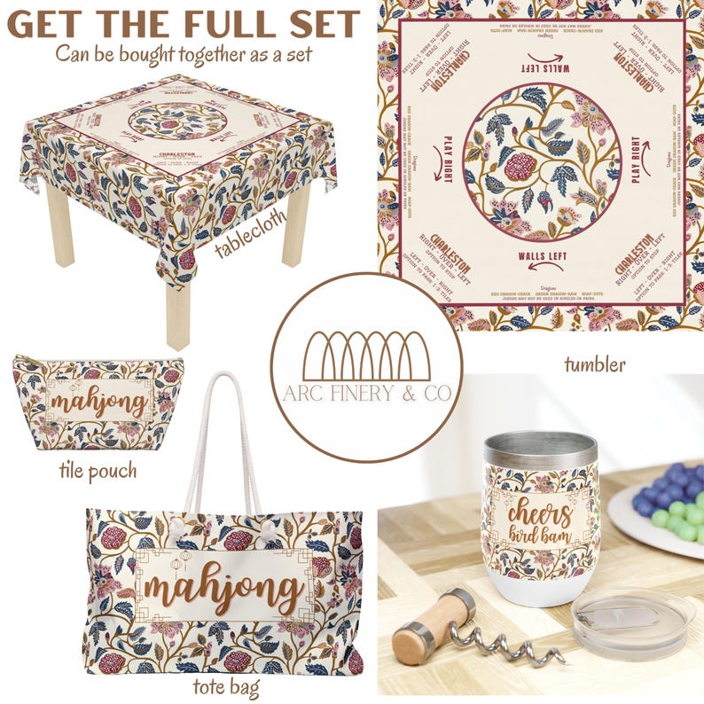 May include: A full set of mahjong themed home goods, including a tablecloth, tote bag, tile pouch, tumbler, and a set of instructions for playing mahjong. The items feature a floral pattern with a white background and accents of red, blue, and green.