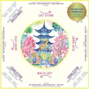 Könnte beinhalten: Eine Aquarell-Illustration eines blauen Pagodentempels mit rosa Kirschblüten und einem Geparden auf dem Dach. Die Illustration ist von einem gelben Kreis umgeben, auf dem auf beiden Seiten die Worte "Spiel nach rechts" und "Wände links" stehen. Der Text "Charleston" erscheint viermal auf dem Bild, mit Anweisungen zum Spielen eines Spiels.