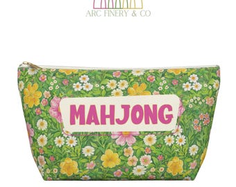 Green Floral Print Mahjong Tile Bag | American Mahjong | Knitting Notions Pouch | Large Zini | Mahjong Game Bag | Game Tile Bag | Mahj Bag