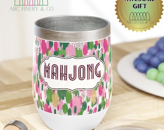 Mahjong Wine Tumbler Pink Design Insulated | Mahjong Wine Tumbler with Lid | Mahj Gift | Mahjong Players and Enthusiasts | Mahjong Party Cup