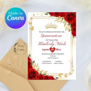 Puede incluir: Una invitación a una Quinceañera con un marco dorado y rosas rojas. El texto dice "Estan Cordialmente Invitados Ala Quinceañera De Nuestra Hija Kimberly Nicole Agosto 10 20xx IGLESIA SAGRADO CORAZÓN 10:00 am 1234 St Name Ca RECEPCION COMIDA 1234 St Name Ca 5:00pm-9:00 pm"