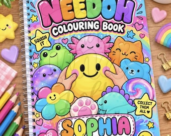 May include: A spiral-bound NeeDoh colouring book with a colorful cover featuring cartoon characters, a large yellow smiley face, and the name Sophia. The cover includes text such as Squish Colour Be Happy, Squish It, Collect Them All, and Good Vibes Only.