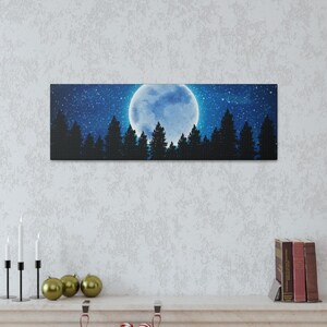 Lienzo decorativo con diseño de noche serena, arte de pared iluminado por la luna, decoración de cielo nocturno, tapiz de bosque, regalo para amantes de la naturaleza, estética del hogar