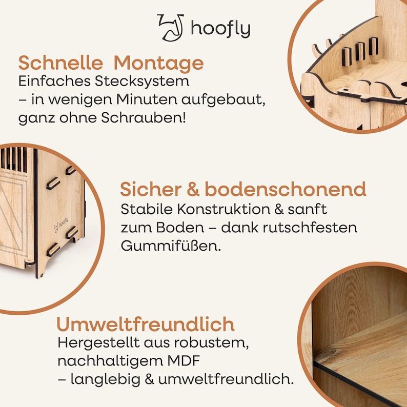 May include: A close-up of a wooden structure with the "hoofly" logo. The text highlights features like easy assembly, a stable and floor-friendly design, and eco-friendliness. The structure is made of MDF.