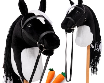 Hoofly® Hobby Horse Black (Pinto) - Large Hobby Horse for Children A3 with Screw Rod/Hobby Horse Set with Bridle