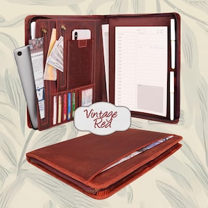 Handmade Full Grain Leather Portfolio: Brass Zipper, Engraved Executive Gift Vintage Red