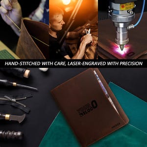 May include: A brown leather journal with a green leather cover. The journal has the text "YOUR LOGO" and "AMBER" engraved on the front. The journal is hand-stitched and laser-engraved.