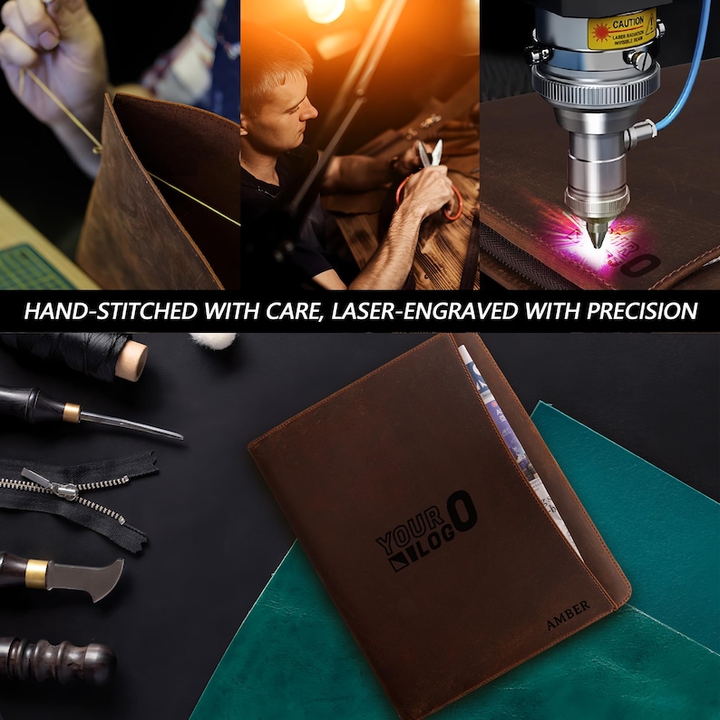 May include: A brown leather journal with a green leather cover. The journal has the text "YOUR LOGO" and "AMBER" engraved on the front. The journal is hand-stitched and laser-engraved.