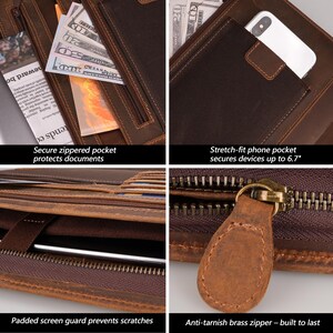 May include: A brown leather wallet with multiple pockets and a zipper closure. The wallet has a padded screen guard to prevent scratches and a stretch-fit phone pocket that can hold a phone up to 6.7 inches. The zipper is made of anti-tarnish brass.