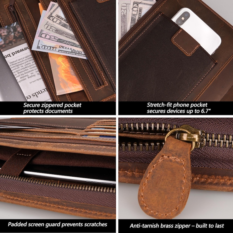 May include: A brown leather wallet with multiple pockets and a zipper closure. The wallet has a padded screen guard to prevent scratches and a stretch-fit phone pocket that can hold a phone up to 6.7 inches. The zipper is made of anti-tarnish brass.